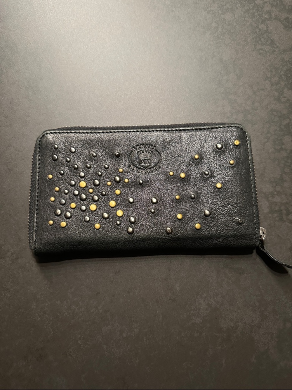 Armani Exchange Black Leather Zip-Around Wallet with Gold and Black Studs